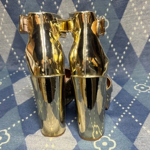 Women's Shiny Gold Ankle-Strap Platform Heels - Picture 3 of 5